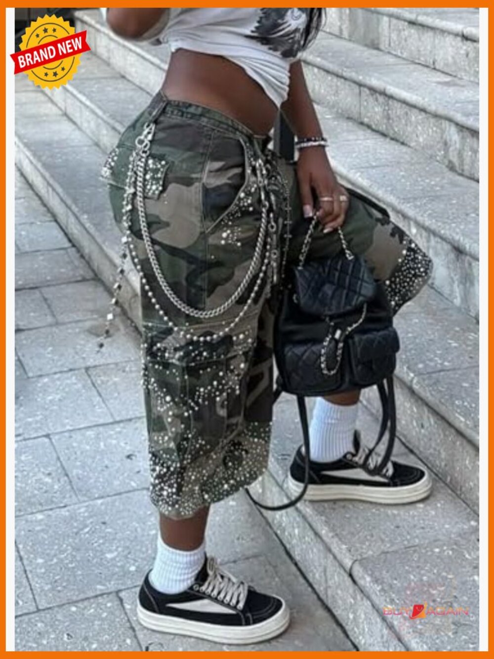 High Waist Camo Cargo Pants Loose Wide Leg Pearl Denim Jean Shorts - Picture 4 of 5